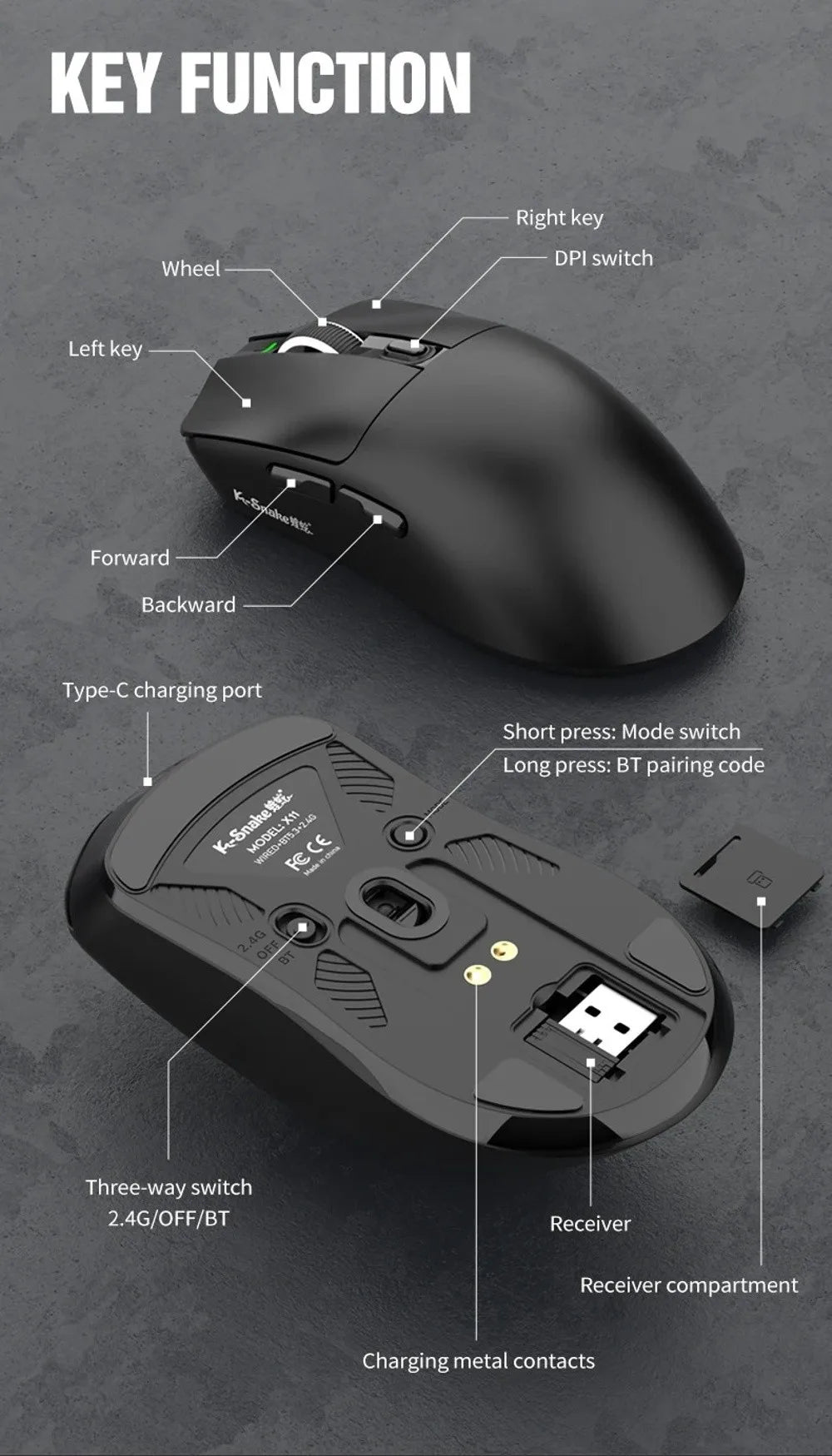 Ratón Bluetooth X11 PAW3311 multimodo, ratón inalámbrico táctil RGB de 12000 DPI, ratón programable de alta precisión para juegos, uso para juegos